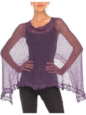 Women’s Purple Sheer Knit Poncho Shrug Lightweight Asymmetrical Ruffle Wraps